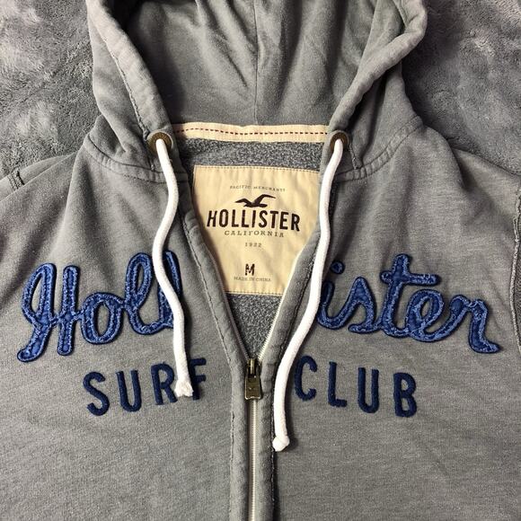 Hollister Surf Club VTG Y2K Hoodie Sweatshirt Unisex M Full Zip Grey Spellout - Picture 2 of 9